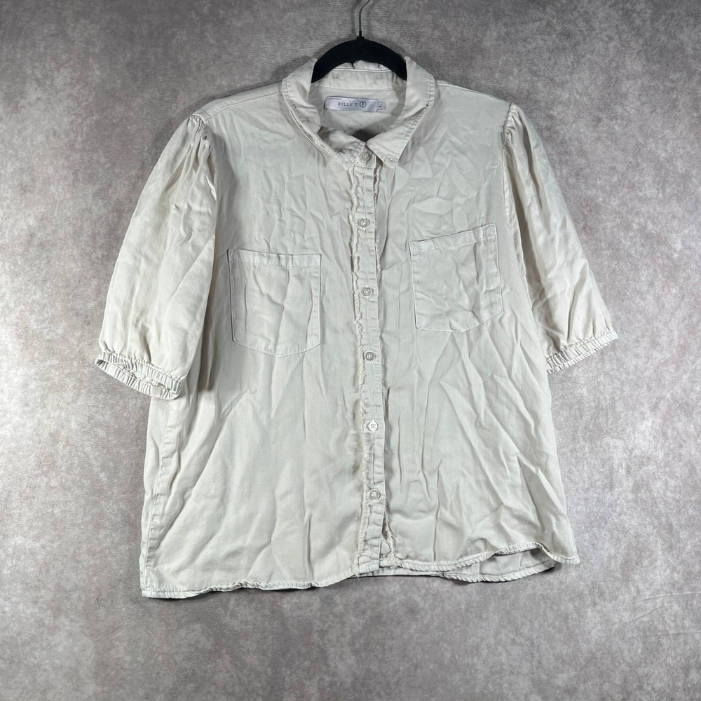 Billy T Top Womens Large Off White Button Up Frayed Hem Puff Sleeve Boho Casual‎